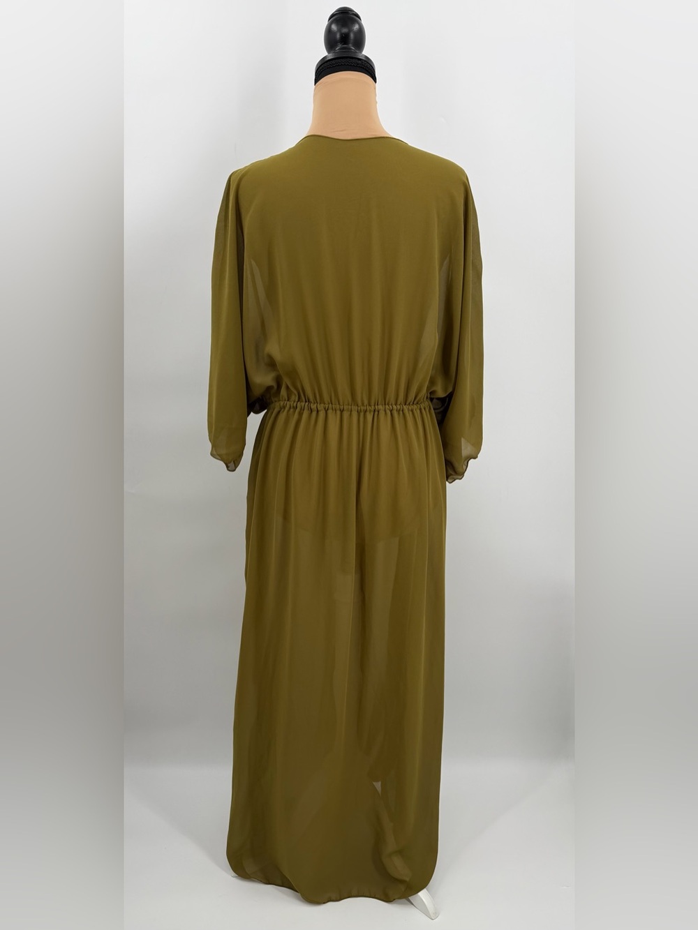 Olive Green Chiffon Maxi kimono Swim Cover Up S Resort Beach vacation flowy - Picture 4 of 12